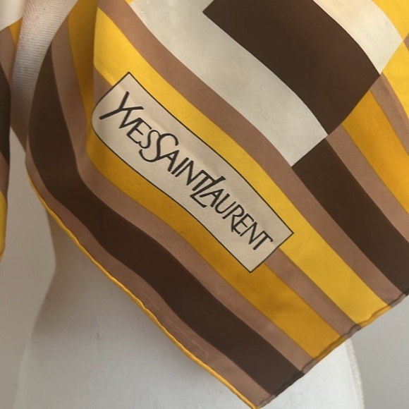 YSL Yves Saint Laurent Yellow Striped Scarf 30”x30” - Picture 6 of 11